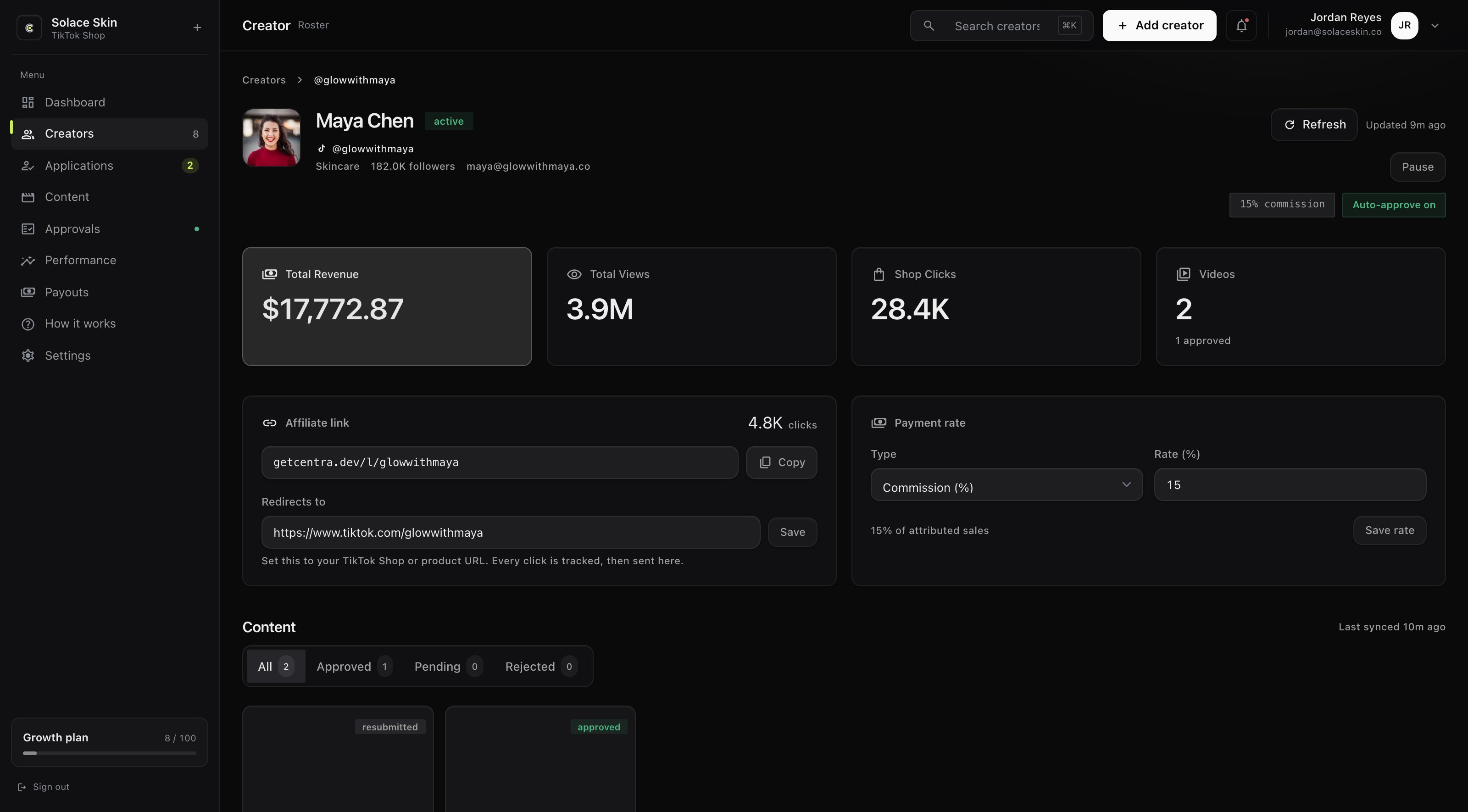 Centra creator profile: weekly revenue trend chart, affiliate link with click count, and payment rate